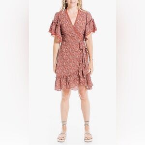 🆕 Max Studio Women's Crepe Ruffle Sleeve Wrap Short Dress Size Small